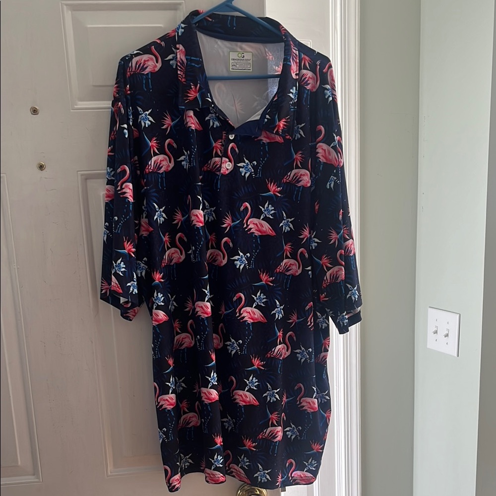Flamingo Print Navy Golf Shirt